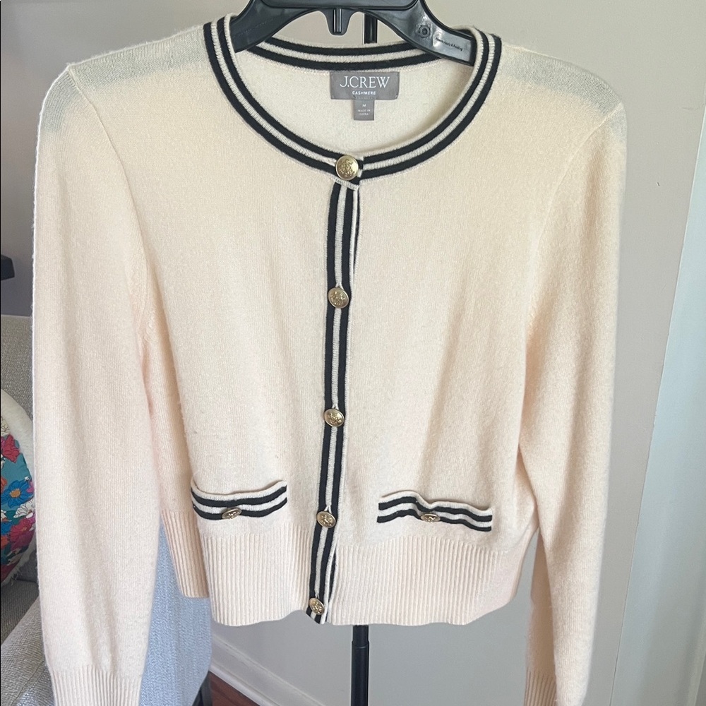 J. Crew Women's Cashmere Cardigan in Cream with Black Trim